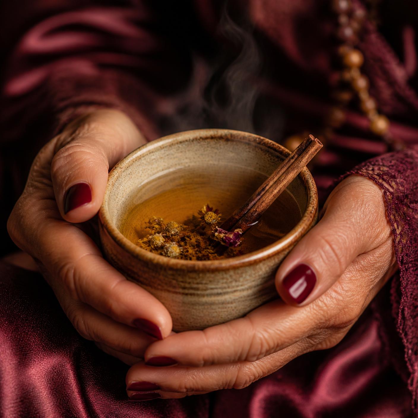 Mãos de mulher madura segurando xícara de chá afrodisíaco